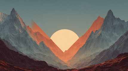 A majestic sunset over a mountain range, evoking a sense of tranquility and awe. The sun's warm glow illuminates the peaks, creating a stunning visual display.