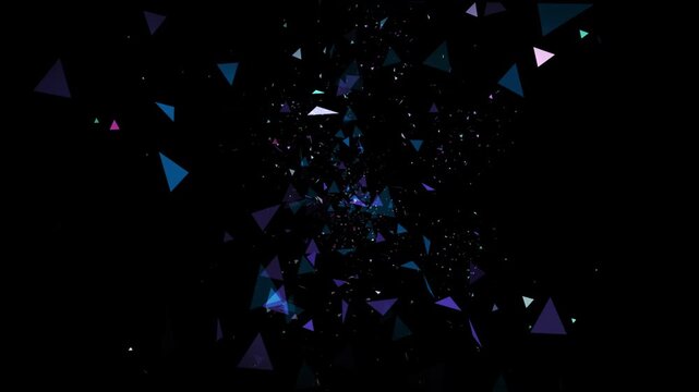 Abstract geometric triangles floating against a dark background with particle effects