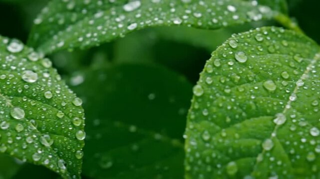 Closeup of leaves with raindrops on surface.