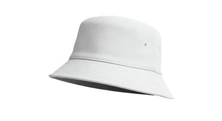 White bucket hat floating in the air against a black backdrop