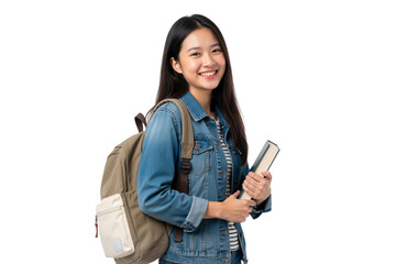 Obraz premium Smiling young Asian female college student holding a book and wearing a backpack, isolated on transparent background