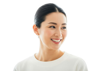 Smiling asian woman with dark hair isolated on transparent background