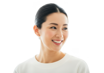 Smiling asian woman with dark hair isolated on transparent background