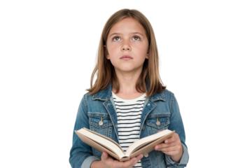Thoughtful young schoolgirl holding an open book, looking up with curiosity, isolated on transparent background