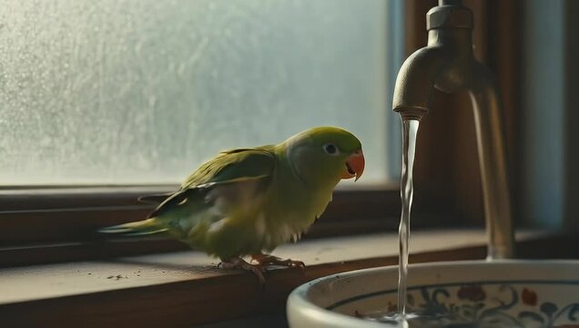 A Green Parrot Drinks Water from a Faucet on a Window Sill.