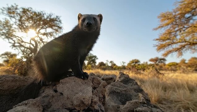 A majestic wolverine perched on a rock, observing its surroundings in nature.