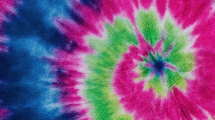 Vibrant tie-dye patterns in blue, green, and pink