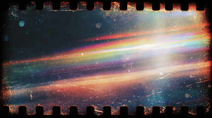 Abstract space view with a vintage film strip effect, showing vibrant rainbow colors and streaks of light.