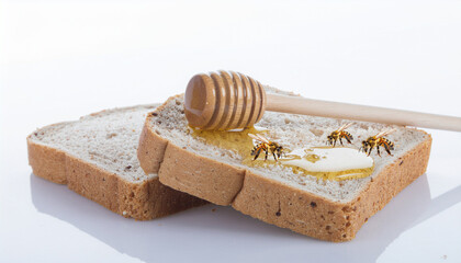 はちみつを塗った食パンの蜜を舐めるミツバチ generative ai