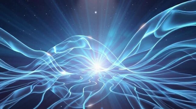 Abstract blue glowing lines radiating from a central light source.