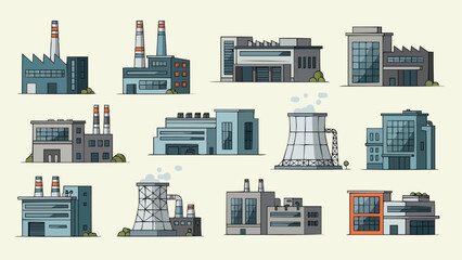 Obraz premium Collection of Industrial Factory Buildings and Power Plants.