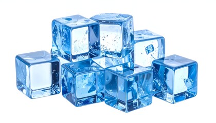 Transparent, stacked cubes of frozen water, slightly tinted, on white