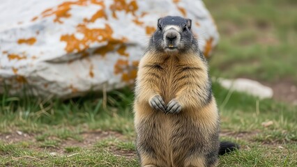Alert Alpine Marmot Standing on Grass with Rock Background, Wildlife Portrait