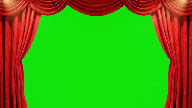 Theatrical red velvet curtains dramatically pull back, creating a hexagonal opening to the green screen.