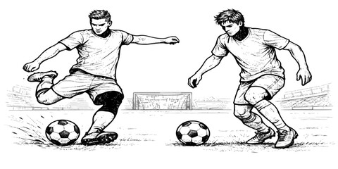 Active young athletes and football players in action kick the ball on the field in this vector illustration of a competitive soccer game featuring silhouettes of people and children