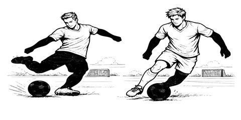 Active soccer player silhouette and athletic football boy illustration kicking a ball in a sports game action vector