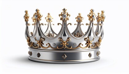 A shiny silver and gold royal crown, detailed with gems, rests on white