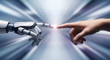 Artificial intelligence connection between robotic and human hand, symbolizing future technology, partnership, and digital data transfer on an abstract background.