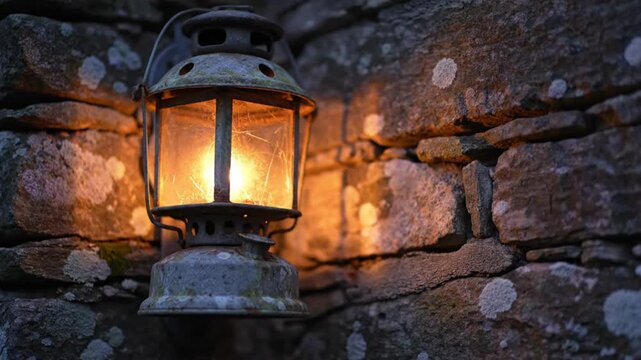 An old lantern glows warmly, casting light on a weathered stone wall during the evening twilight hours