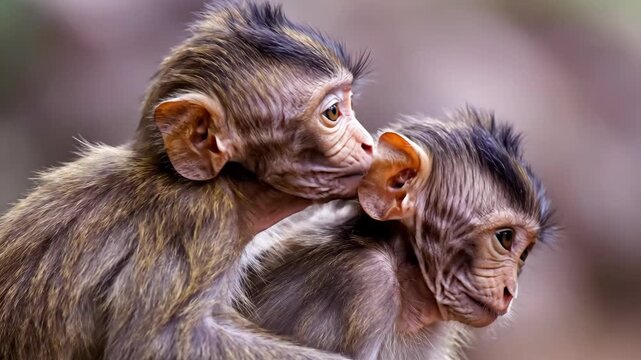 Affectionate monkey duo grooms each other, illustrating primate bonding behavior