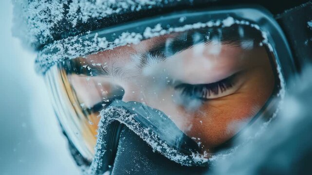 Close-up of a skier with goggles reflecting snowy landscape, capturing intense focus during an exhilarating winter adventure in the mountains