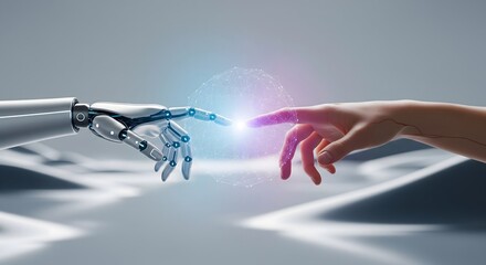 Human hand interacting with a robotic arm finger tip connection over a glowing data sphere, representing AI technology and the future of science.