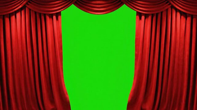 Rich red velvet stage curtains are almost closed, leaving a slender, triangular green screen gap.