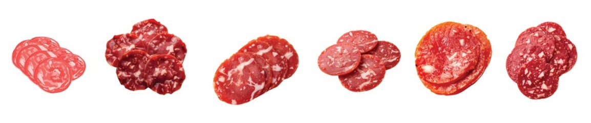Set of Slices of Delicious Salami Isolated on White Background.