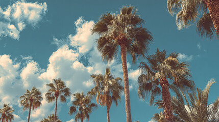 A captivating scene of palm trees dancing against a backdrop of a clear, blue sky with fluffy clouds. The image evokes feelings of relaxation and the serenity of a tropical paradise.
