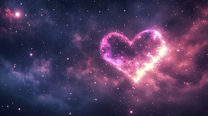 Glowing heart shaped aurora in dark starry sky with purple and pink nebula clouds creating magical and romantic cosmic scene full of sparkling stars