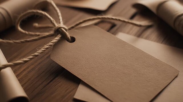 Elegant Brown Paper Tags with Twine on Rustic Wooden Background, Perfect for Presents
