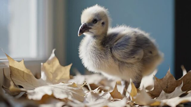 Curious gosling explores autumnal leaves near a window, illuminated by soft light