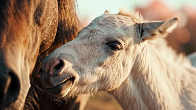 Affectionate moment between a tender foal and its mother in golden light