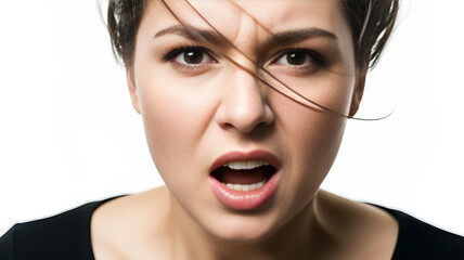 A young woman loudly expressing fury eyes wide with raw emotion a high contrast close up