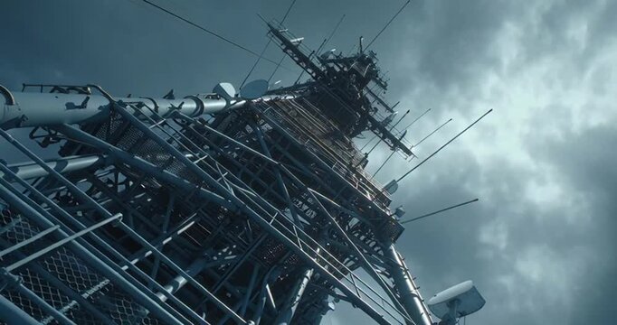 A massive naval warship illuminated at night, docked in a harbor with city lights reflecting on the water
