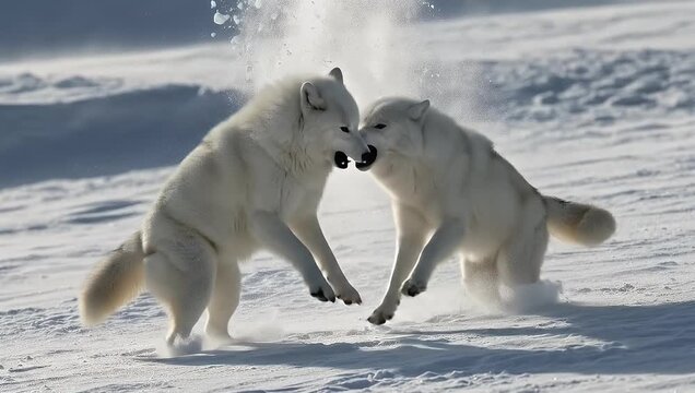Arctic Wolves Engage in Playful Combat on Snowy Terrain in Winter.