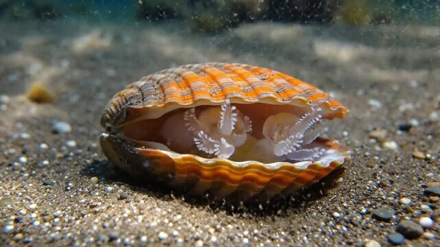Open Scallop Shell Underwater Reveals Delicate White Tentacles Against Sandy Ocean Floor Backdrop