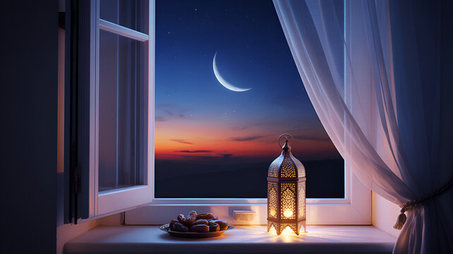 Ramadan lantern on window sill with dates and crescent moon outside