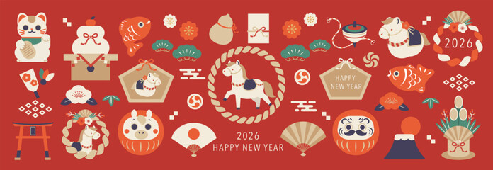 Plakat Happy New Year 2026 Japanese New Year elements vector illustration with horse zodiac, daruma, fans, lanterns and lucky icons on red background. Festive design for banners, posters and greeting cards.
