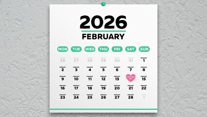 A nice February 2026 page of a wall calendar with the date of Valentine's Day highlighted