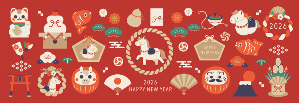 Happy New Year 2026 Japanese New Year elements vector illustration with horse zodiac, daruma, fans, lanterns and lucky icons on red background. Festive design for banners, posters and greeting cards.