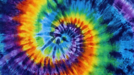 Colorful tie-dye fabric with a vibrant spiral pattern creating a psychedelic background