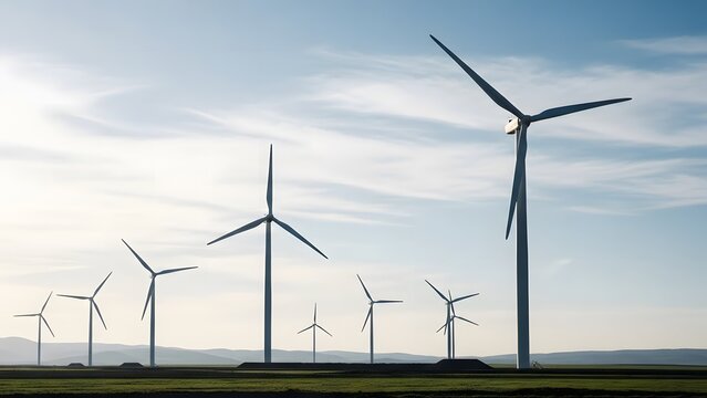 Majestic wind turbines stand tall in a field under a clear sky, harnessing renewable energy - Powered by Adobe
