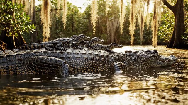 Alligator Family: Mother Alligator and her Baby Alligators in Swamp Water