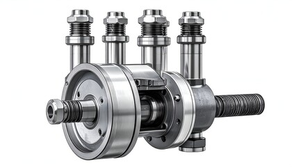 Detailed mechanical assembly of metal parts, isolated on white