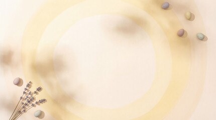 Soft pastel colored background with lavender flowers and small pebbles in a serene and calming composition for design and branding purposes with empty space for text