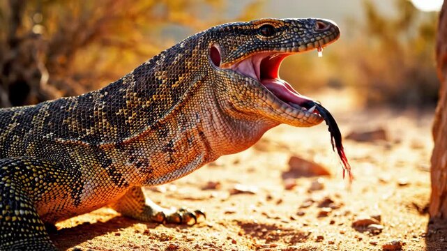 Close-up of a Perentie, the largest monitor lizard native to Australia, resting