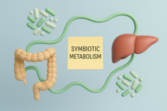 Symbiotic metabolism concept showing balanced gut, liver, and bacteria network. This health illustration features intestine connected by flowing green routes on soft blue background