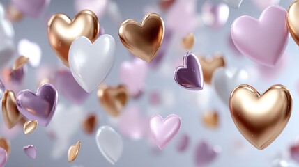 Obraz premium A playful assortment of multicolored hearts floats gracefully against a soft backdrop. The shiny surfaces reflect light, creating a lighthearted atmosphere perfect for expressing love and affection