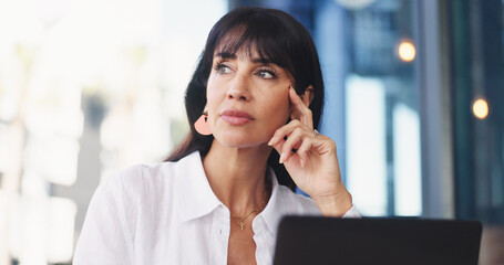 Reflection, woman or journalist in office with laptop, insight and ideas for news story. Thinking, bokeh or mature person in agency with tech, blog inspiration or brainstorming for report.
